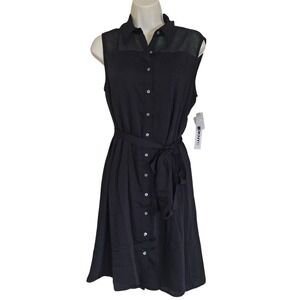 DKNYC Black Sleeveless Belted Shirt Dress Medium Mesh Panel Career